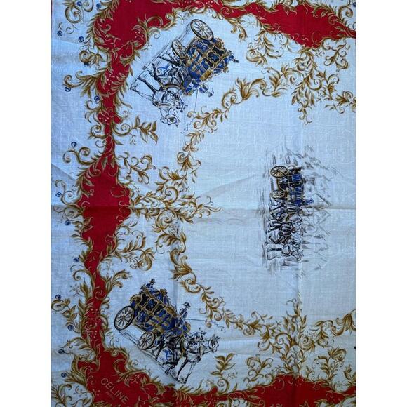 Celine Handkerchief White Red Gold Blue Horse Carriage Print Vintage Equestrian - Picture 4 of 4